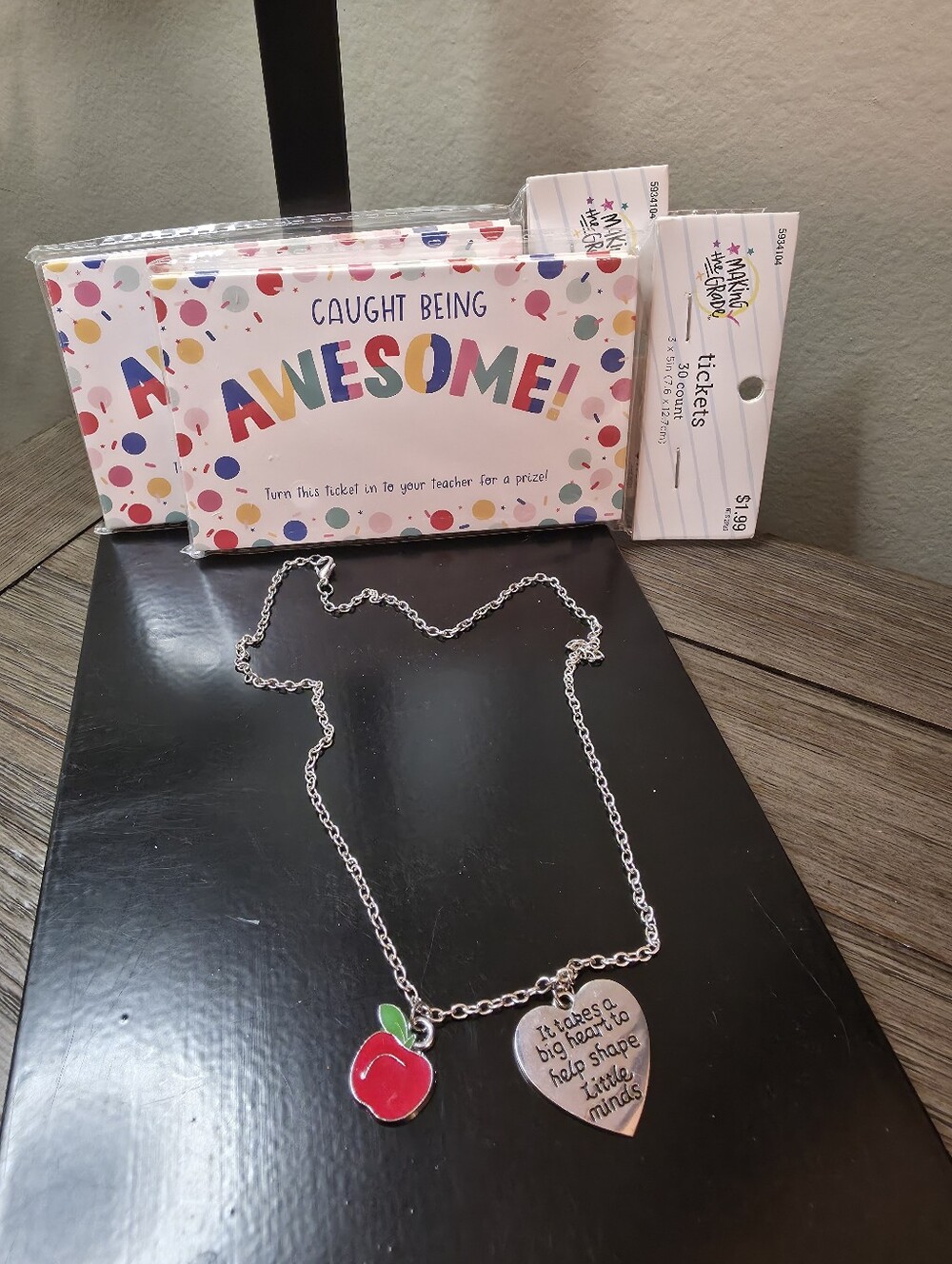 Silver Teacher Necklace with Red Apple Charm and Heart Pendant - Picture 2 of 2